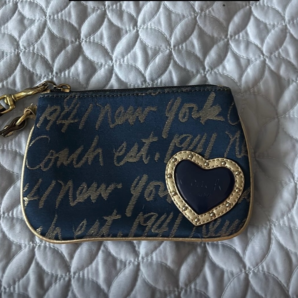 Coach Navy and Gold Heart Wristlet